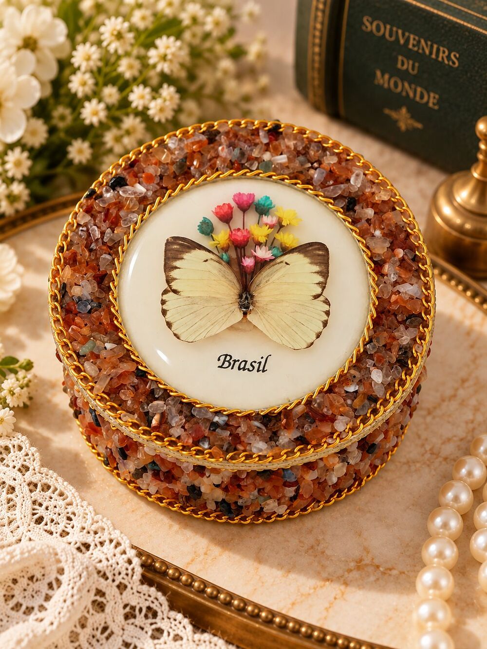 Vintage Brazil Butterfly Trinket Box Real Butterfly Crystal Stone Souvenir Decor
